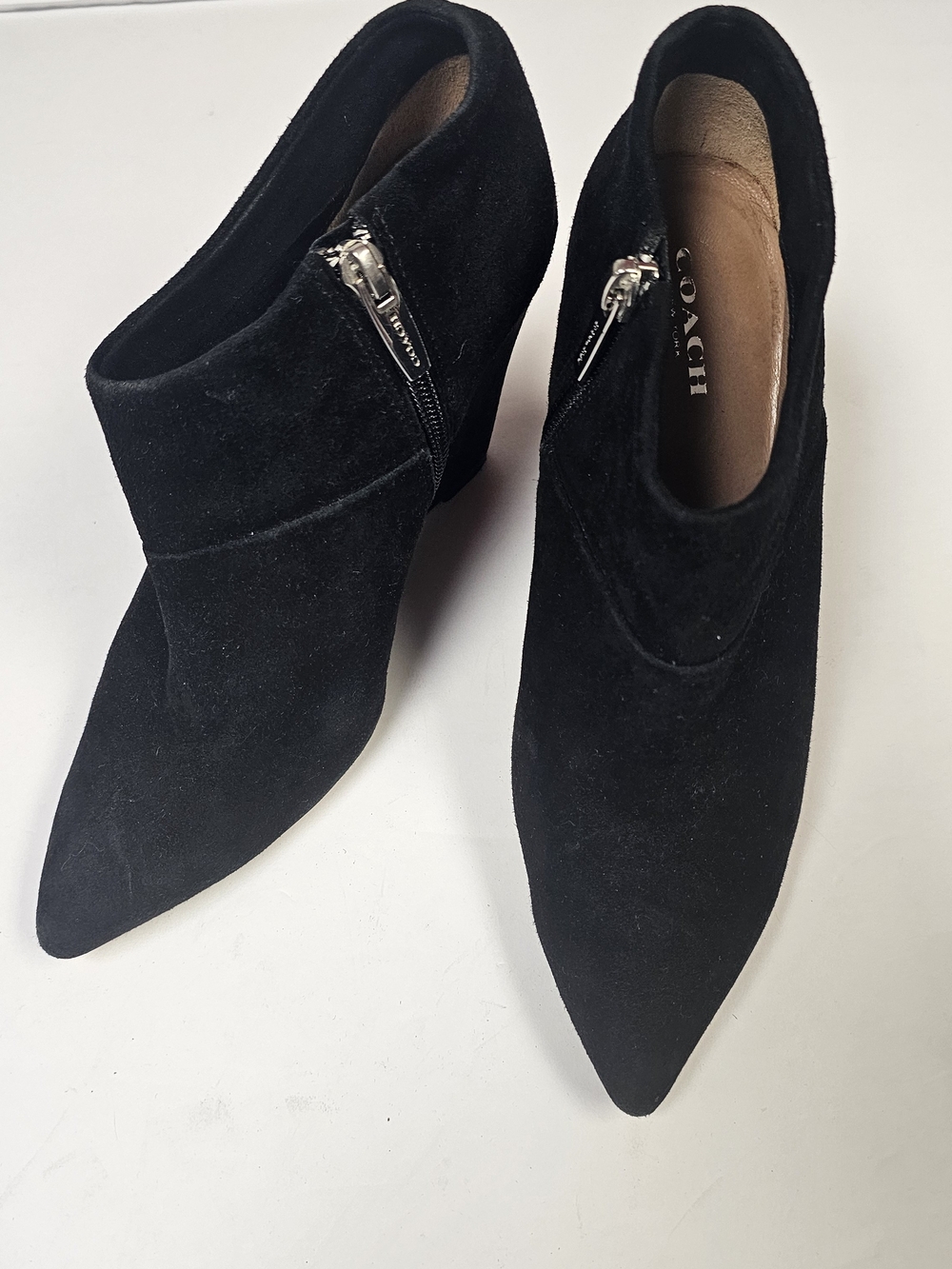 Coach Black Suede Pointed Toe Ankle Booties with Side Zip